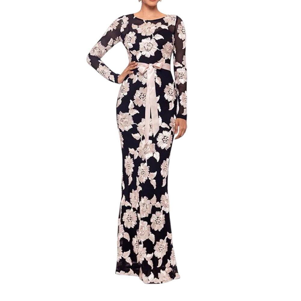 Betsy & Adam Black Floral Sz 6 Embroidery Long Sleeve Gown Dress NEW flaw #96